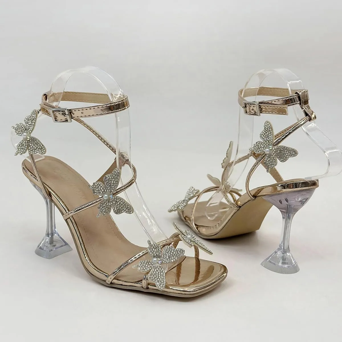 Women's Ankle Strap Sandals Rhinestone Crystal Butterfly Heels Open Square Toe Chunky Block High Heels Shoes