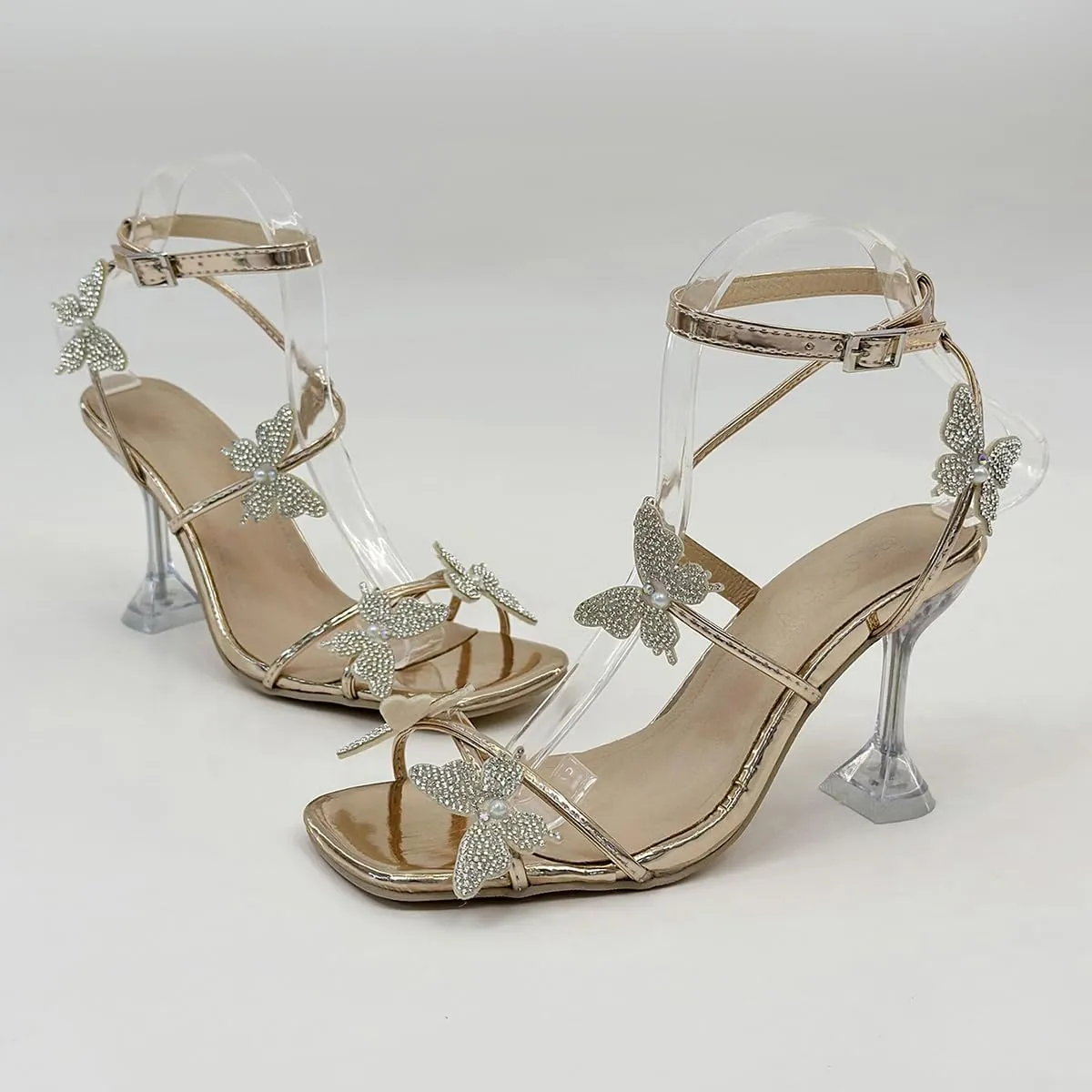 Women's Ankle Strap Sandals Rhinestone Crystal Butterfly Heels Open Square Toe Chunky Block High Heels Shoes
