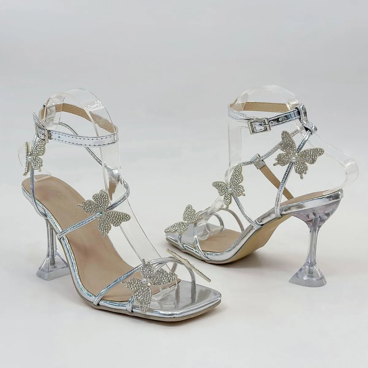 Women's Ankle Strap Sandals Rhinestone Crystal Butterfly Heels Open Square Toe Chunky Block High Heels Shoes