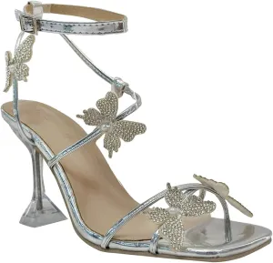 Women's Ankle Strap Sandals Rhinestone Crystal Butterfly Heels Open Square Toe Chunky Block High Heels Shoes