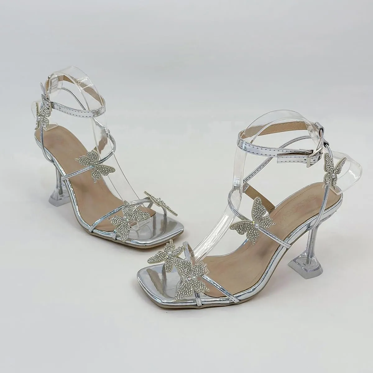 Women's Ankle Strap Sandals Rhinestone Crystal Butterfly Heels Open Square Toe Chunky Block High Heels Shoes