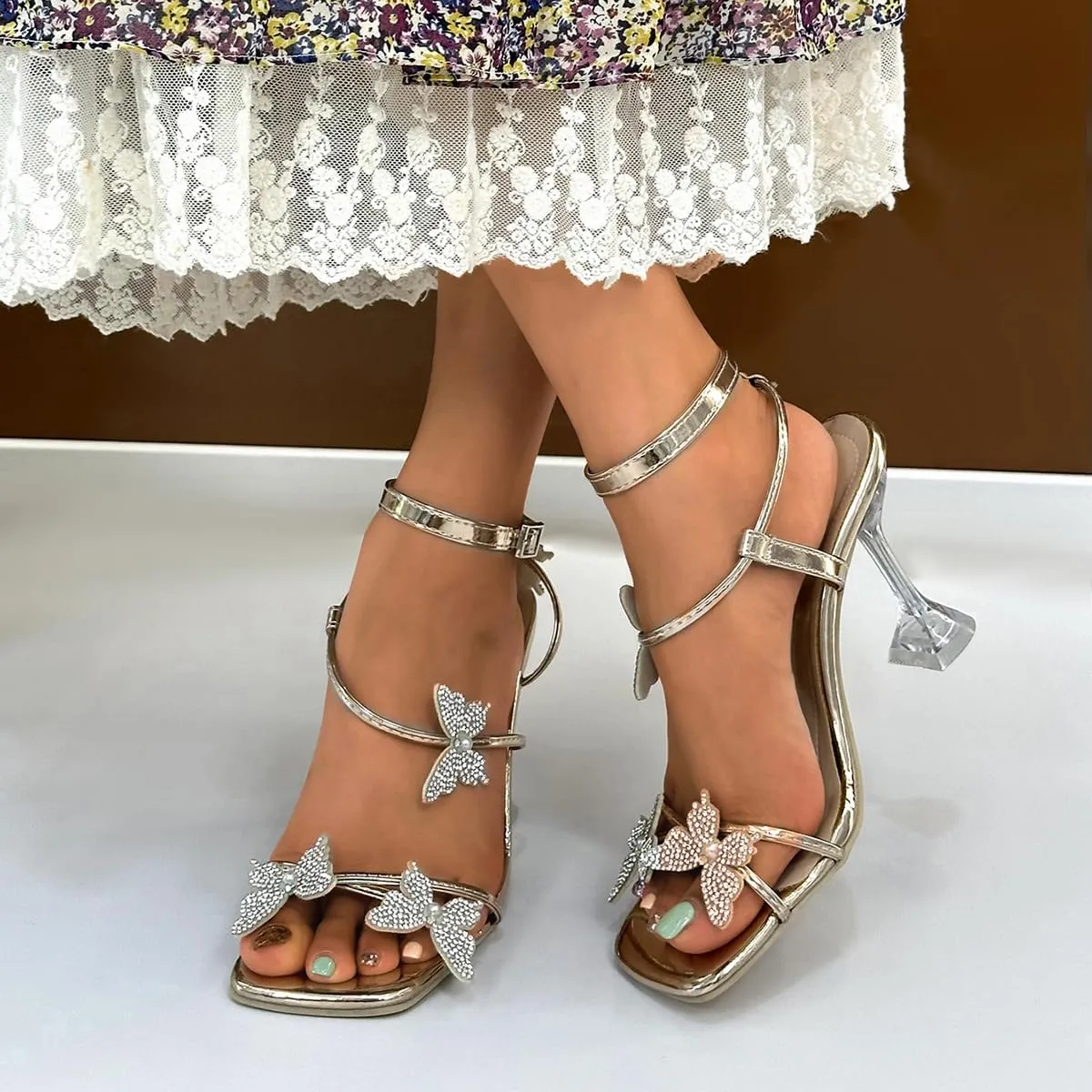 Women's Ankle Strap Sandals Rhinestone Crystal Butterfly Heels Open Square Toe Chunky Block High Heels Shoes