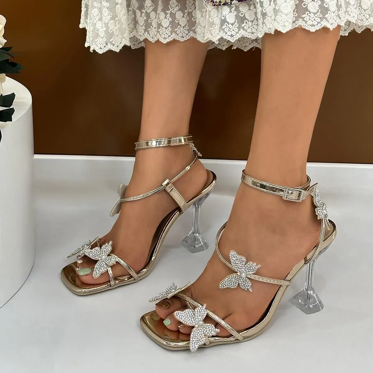 Women's Ankle Strap Sandals Rhinestone Crystal Butterfly Heels Open Square Toe Chunky Block High Heels Shoes