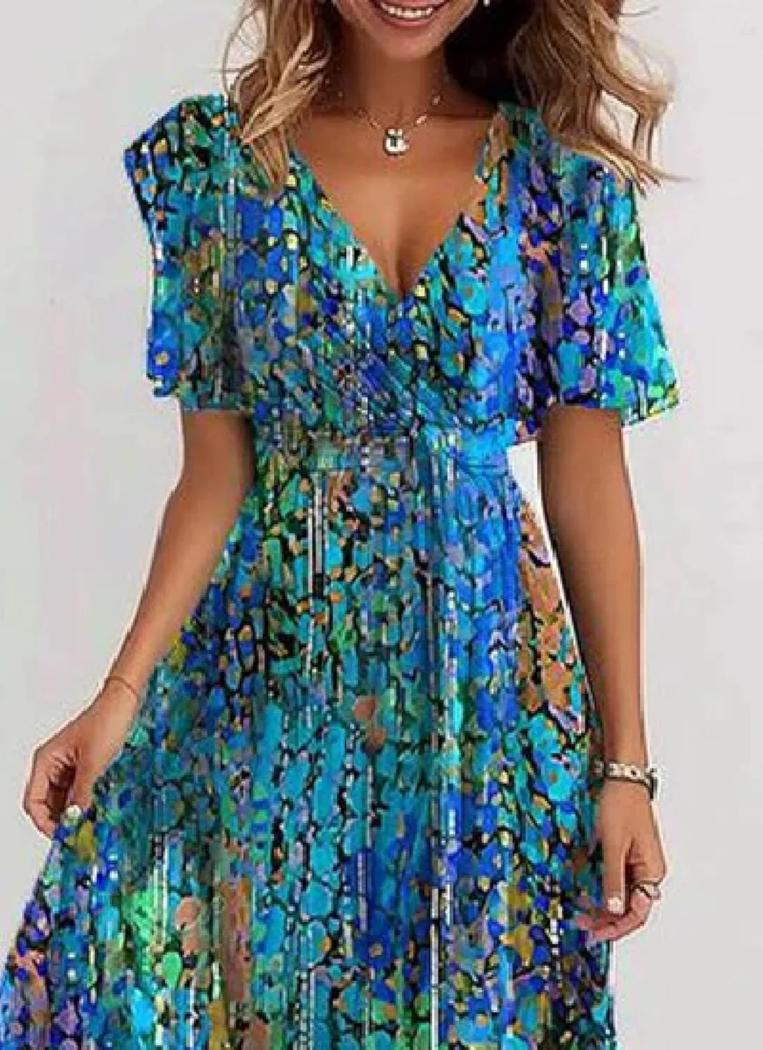 Women's Artistic Print V Neck Midi Dress 2025 Casual Summer Short Sleeve A-Line Flowy Cocktail Dress