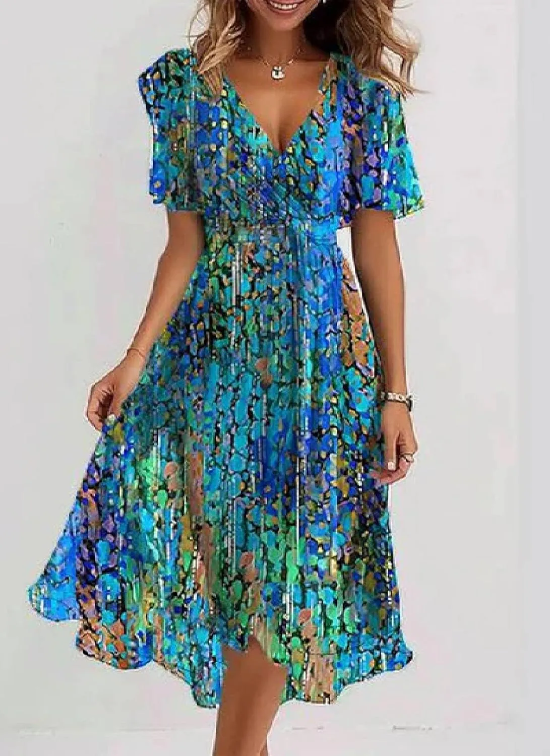 Women's Artistic Print V Neck Midi Dress 2025 Casual Summer Short Sleeve A-Line Flowy Cocktail Dress