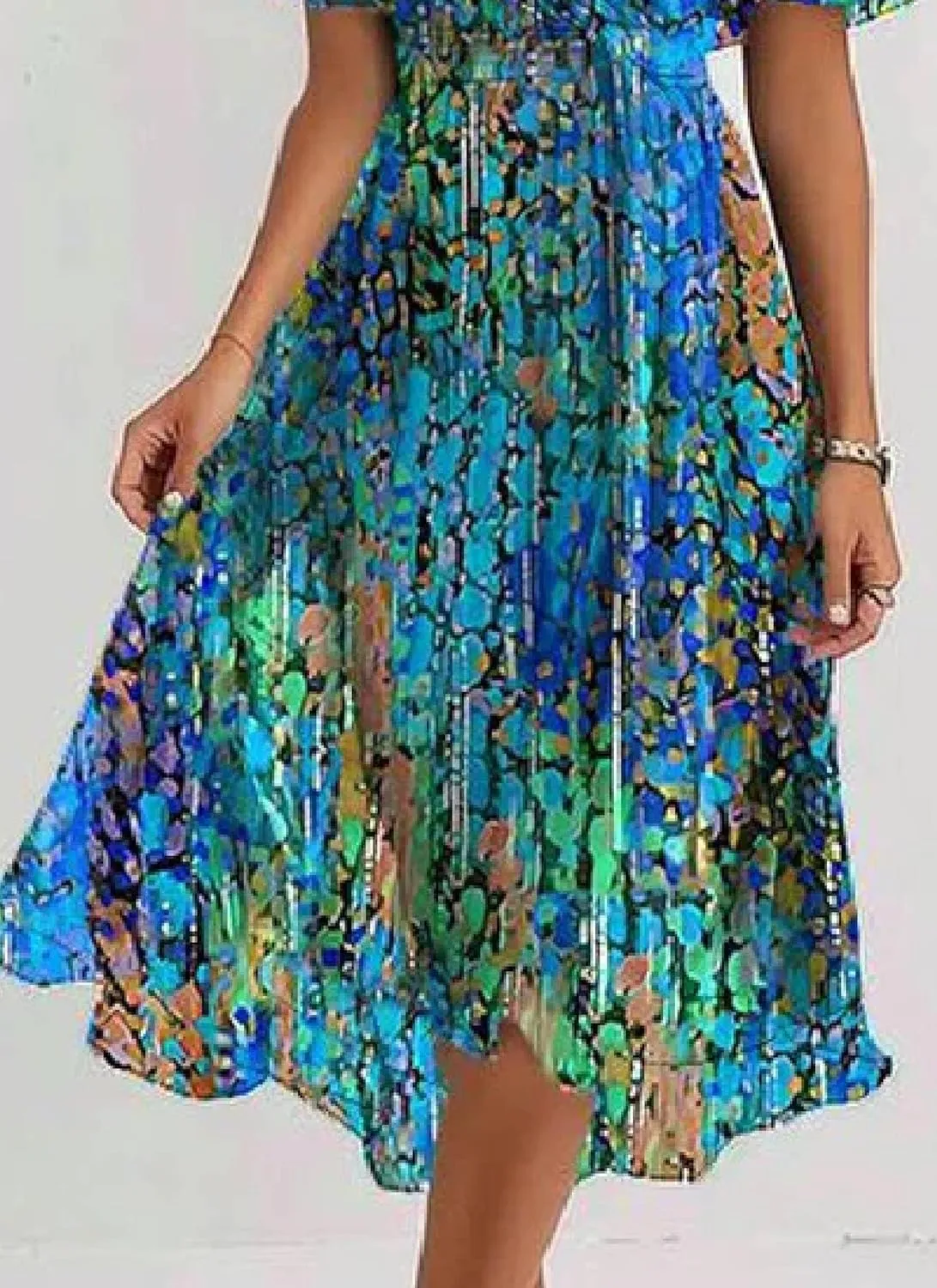 Women's Artistic Print V Neck Midi Dress 2025 Casual Summer Short Sleeve A-Line Flowy Cocktail Dress
