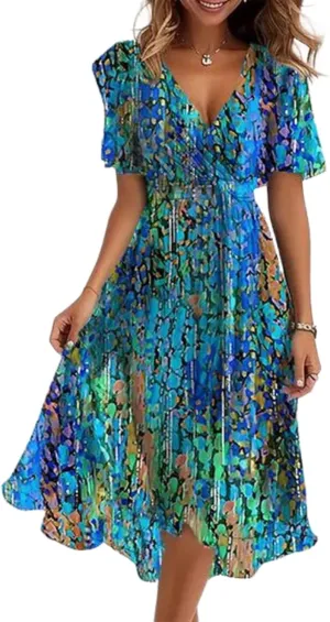 Women's Artistic Print V Neck Midi Dress 2025 Casual Summer Short Sleeve A-Line Flowy Cocktail Dress