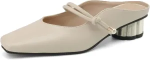 Women's Basic Mid Chunky Heel Pearl Strap Mules for Women Square Toe Slip-On Backless Slide Sandals Work Casual Fashion Pumps Business Dress Party Office Comfortable Shoes