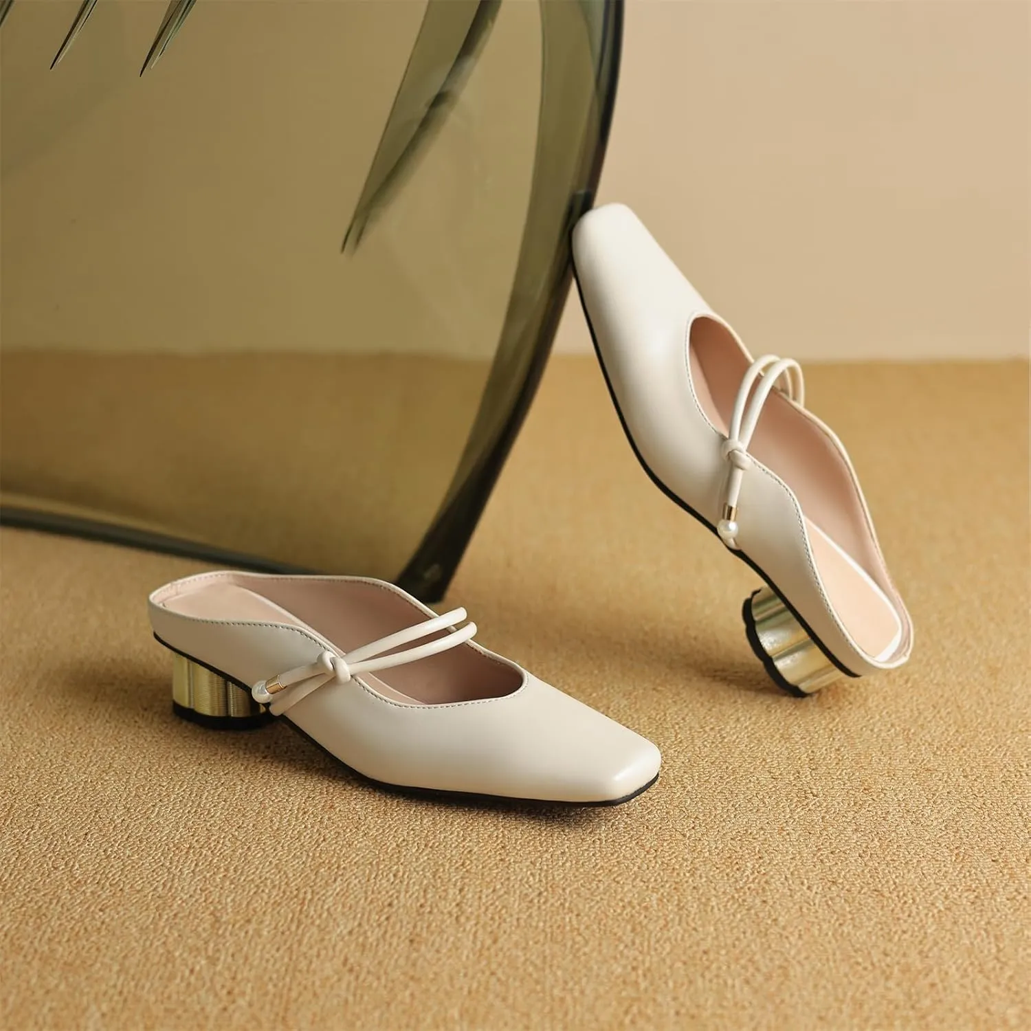 Women's Basic Mid Chunky Heel Pearl Strap Mules for Women Square Toe Slip-On Backless Slide Sandals Work Casual Fashion Pumps Business Dress Party Office Comfortable Shoes