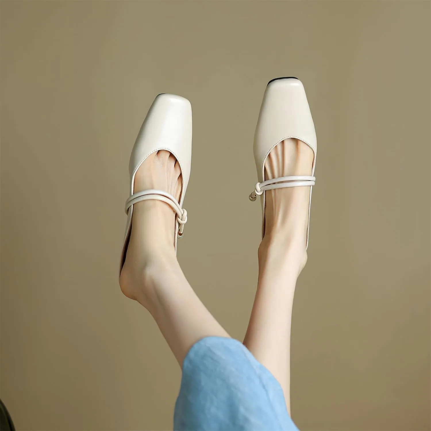 Women's Basic Mid Chunky Heel Pearl Strap Mules for Women Square Toe Slip-On Backless Slide Sandals Work Casual Fashion Pumps Business Dress Party Office Comfortable Shoes