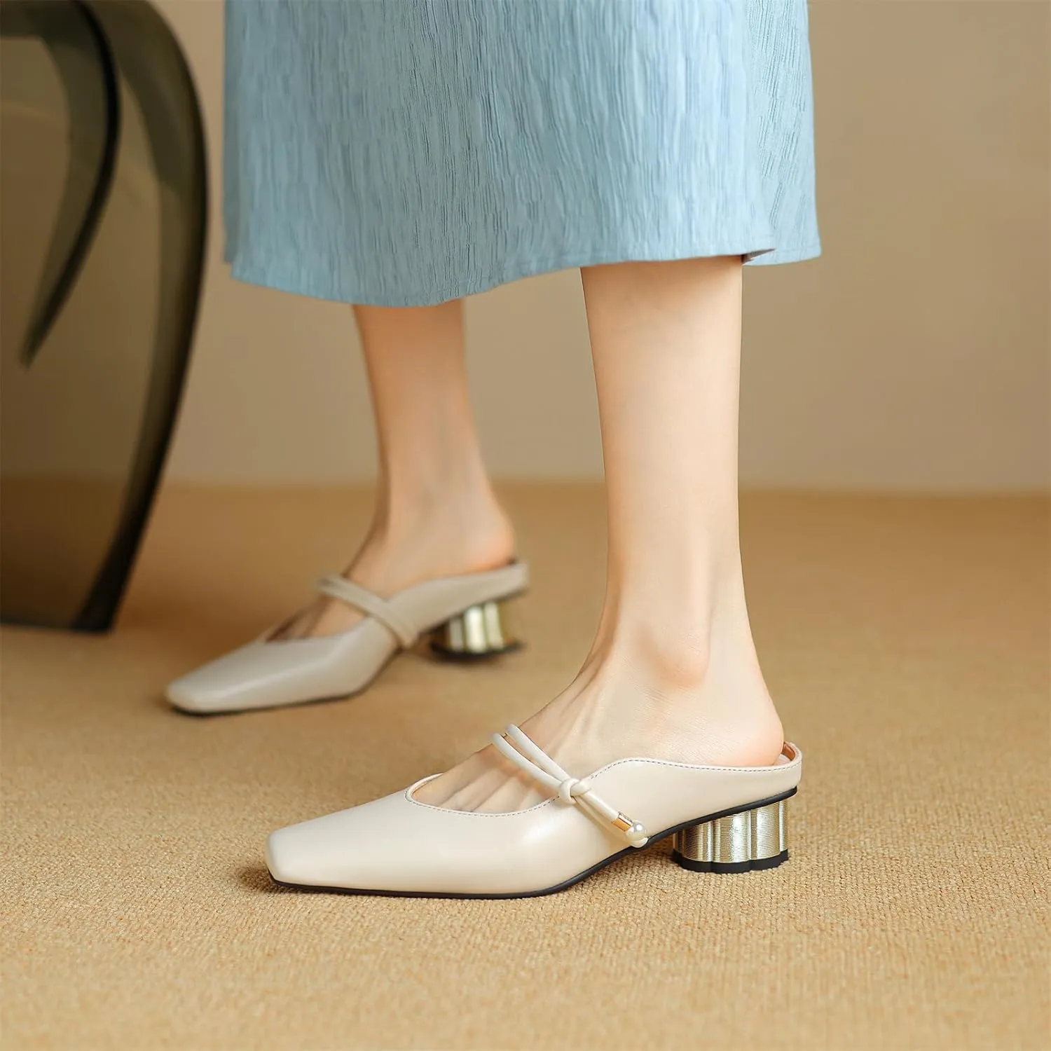 Women's Basic Mid Chunky Heel Pearl Strap Mules for Women Square Toe Slip-On Backless Slide Sandals Work Casual Fashion Pumps Business Dress Party Office Comfortable Shoes