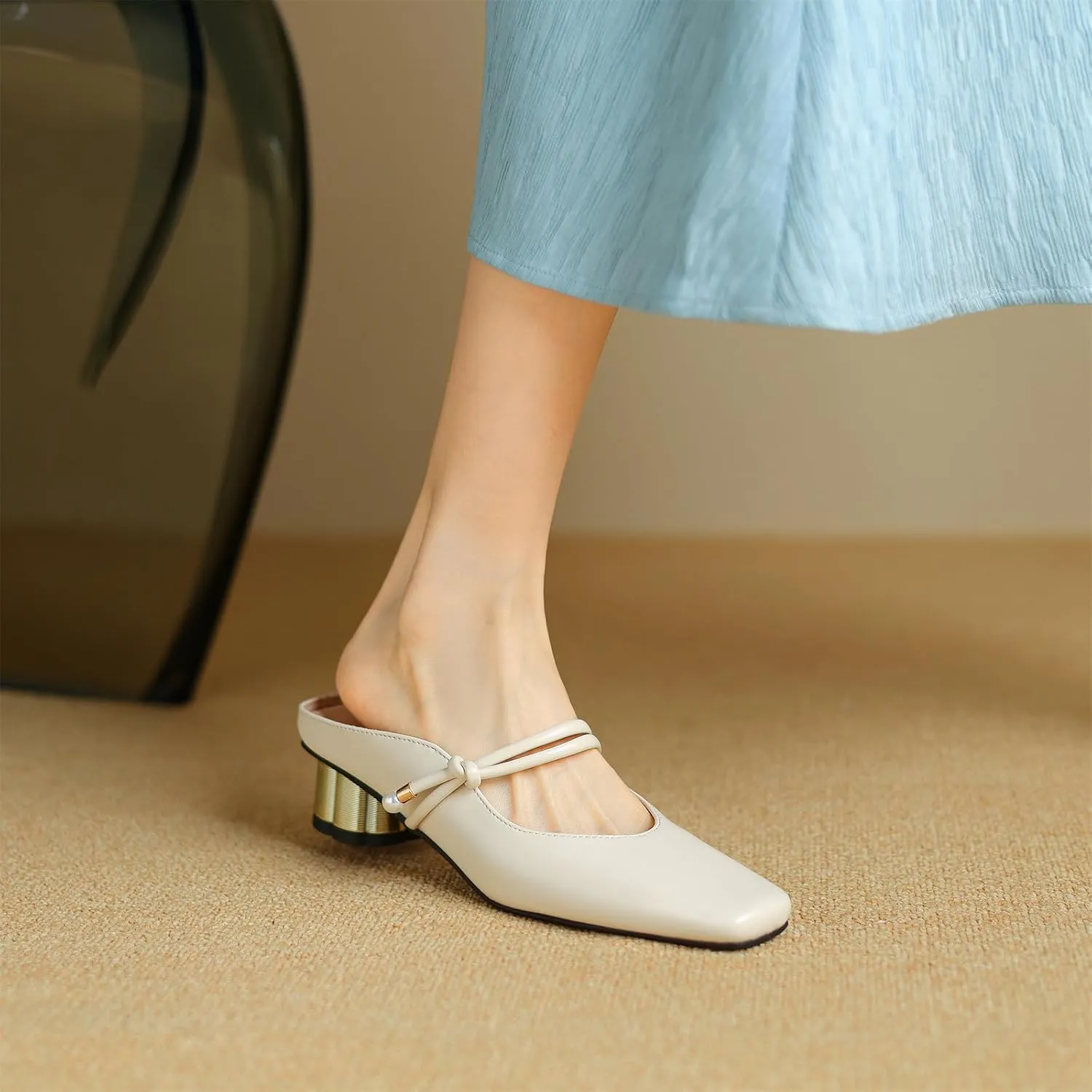 Women's Basic Mid Chunky Heel Pearl Strap Mules for Women Square Toe Slip-On Backless Slide Sandals Work Casual Fashion Pumps Business Dress Party Office Comfortable Shoes