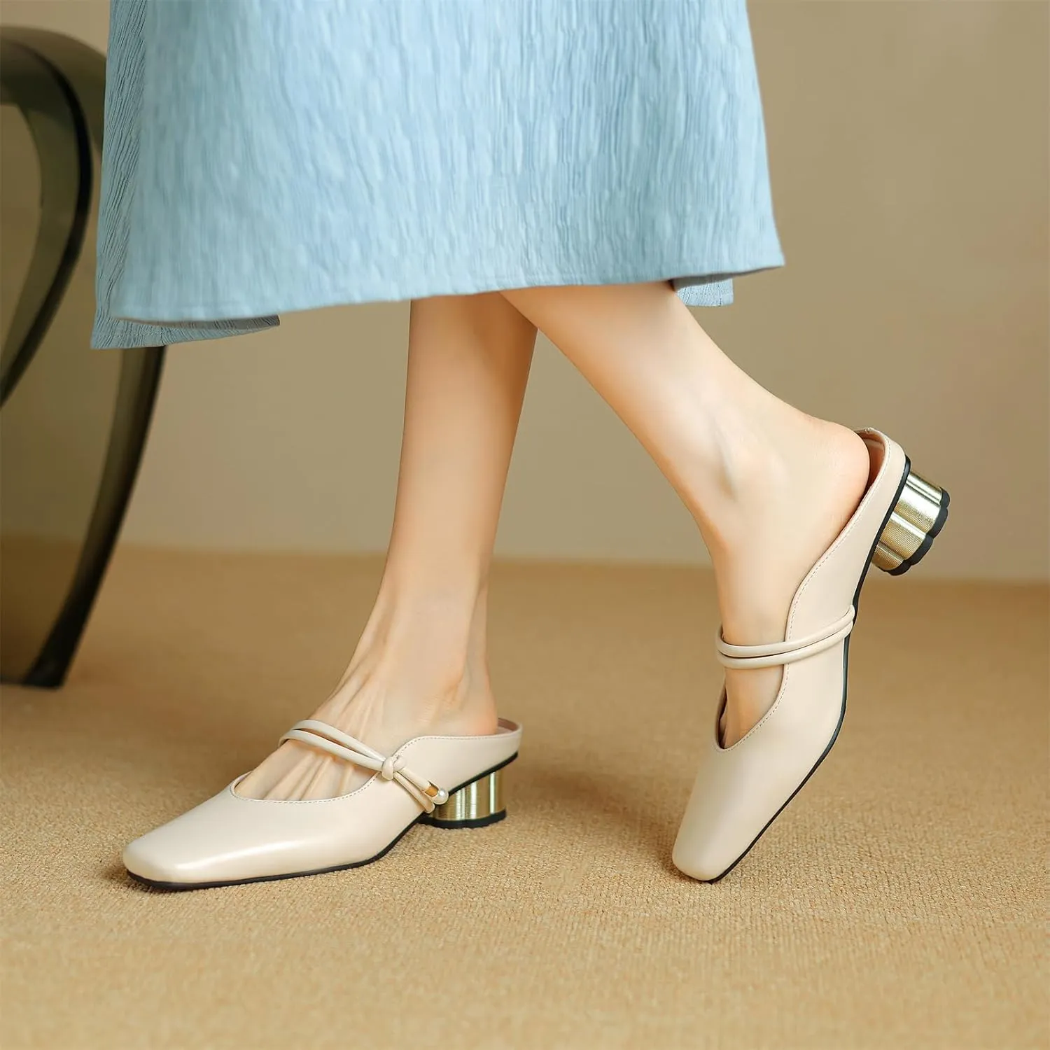 Women's Basic Mid Chunky Heel Pearl Strap Mules for Women Square Toe Slip-On Backless Slide Sandals Work Casual Fashion Pumps Business Dress Party Office Comfortable Shoes