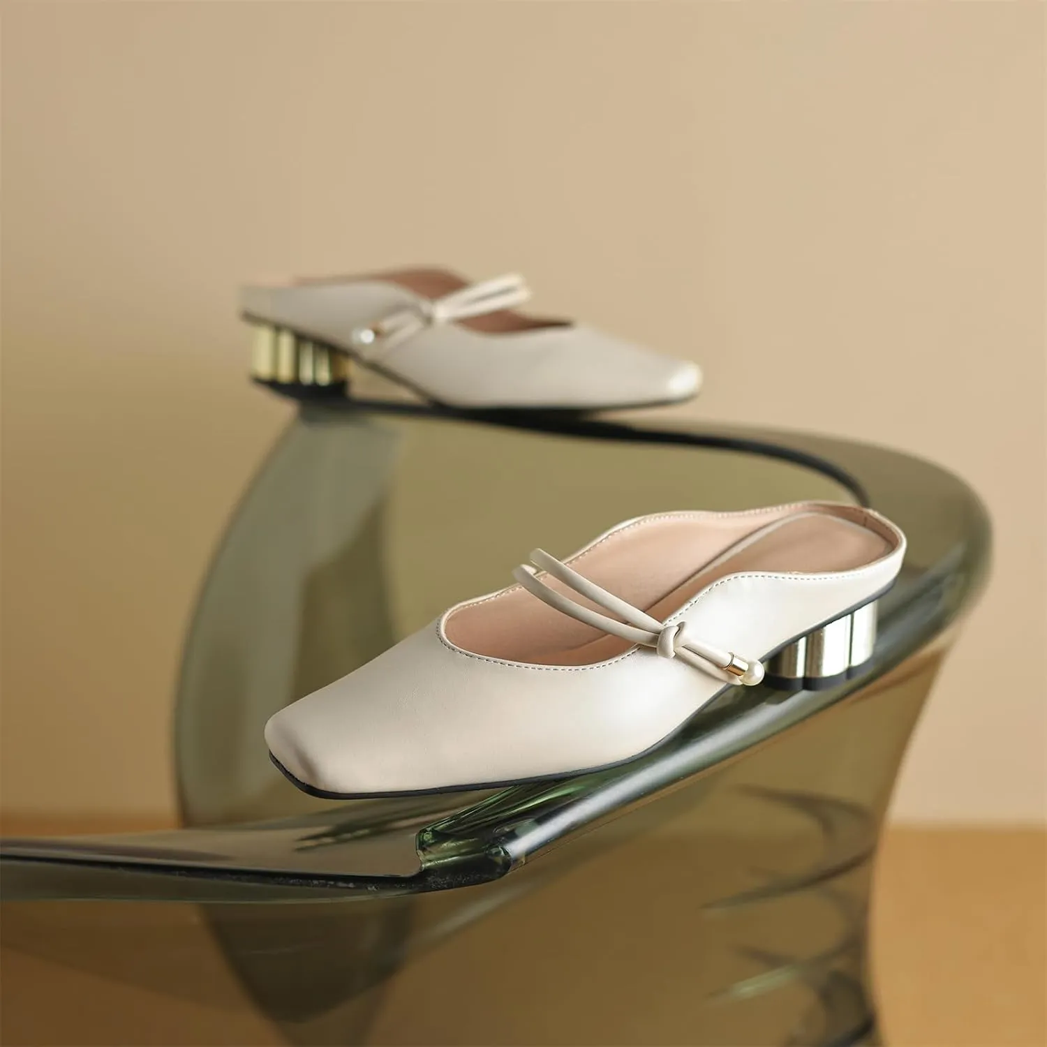 Women's Basic Mid Chunky Heel Pearl Strap Mules for Women Square Toe Slip-On Backless Slide Sandals Work Casual Fashion Pumps Business Dress Party Office Comfortable Shoes