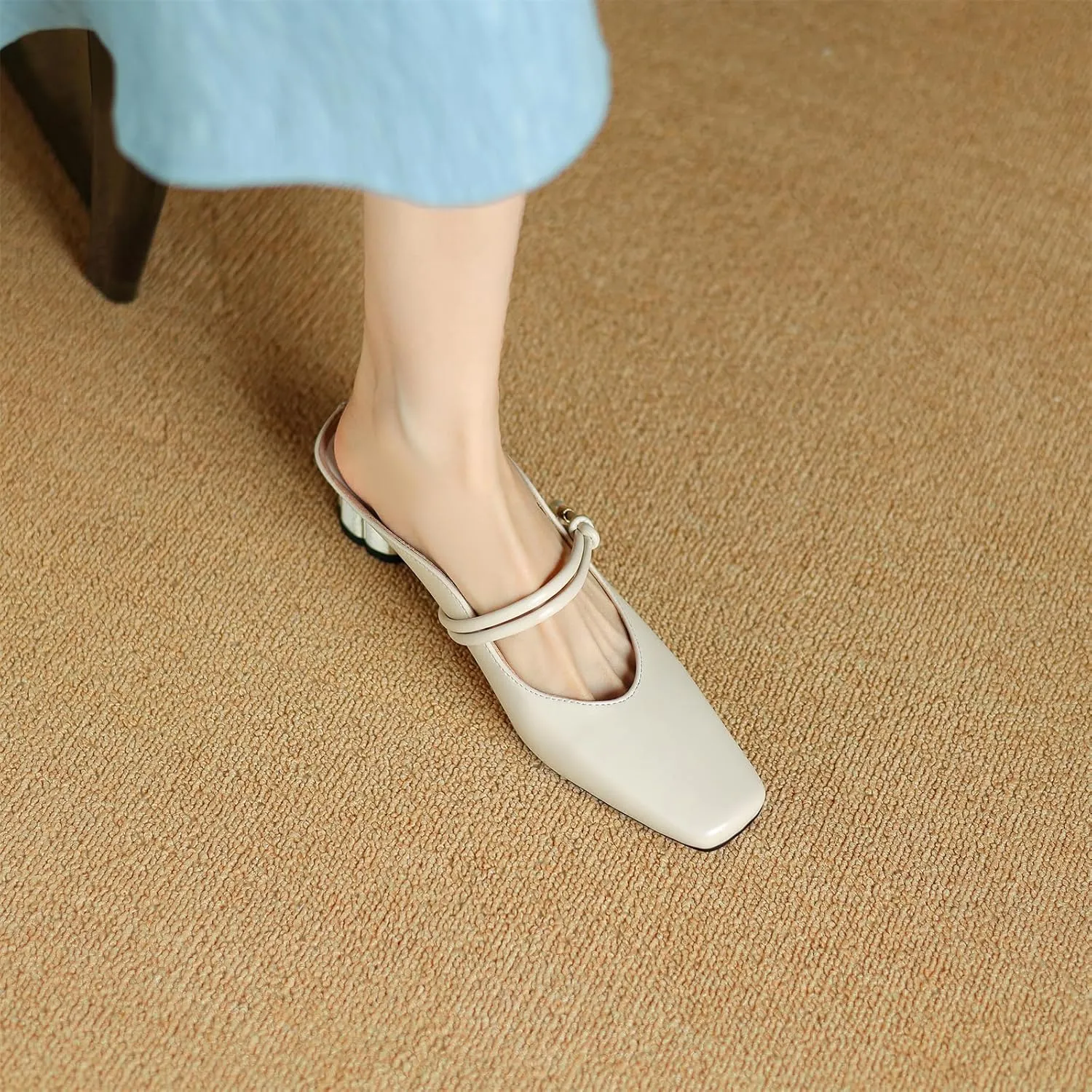 Women's Basic Mid Chunky Heel Pearl Strap Mules for Women Square Toe Slip-On Backless Slide Sandals Work Casual Fashion Pumps Business Dress Party Office Comfortable Shoes