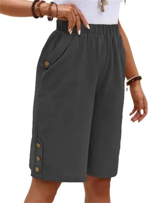 Women's Bermuda Shorts Loose Drawstring Capri Pants Summer Casual Linen Knee Length Elastic Short Pants