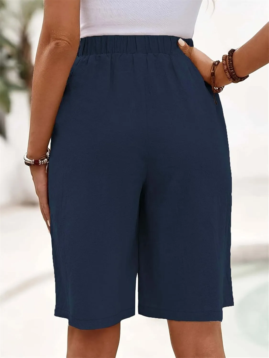 Women's Bermuda Shorts Loose Drawstring Capri Pants Summer Casual Linen Knee Length Elastic Short Pants