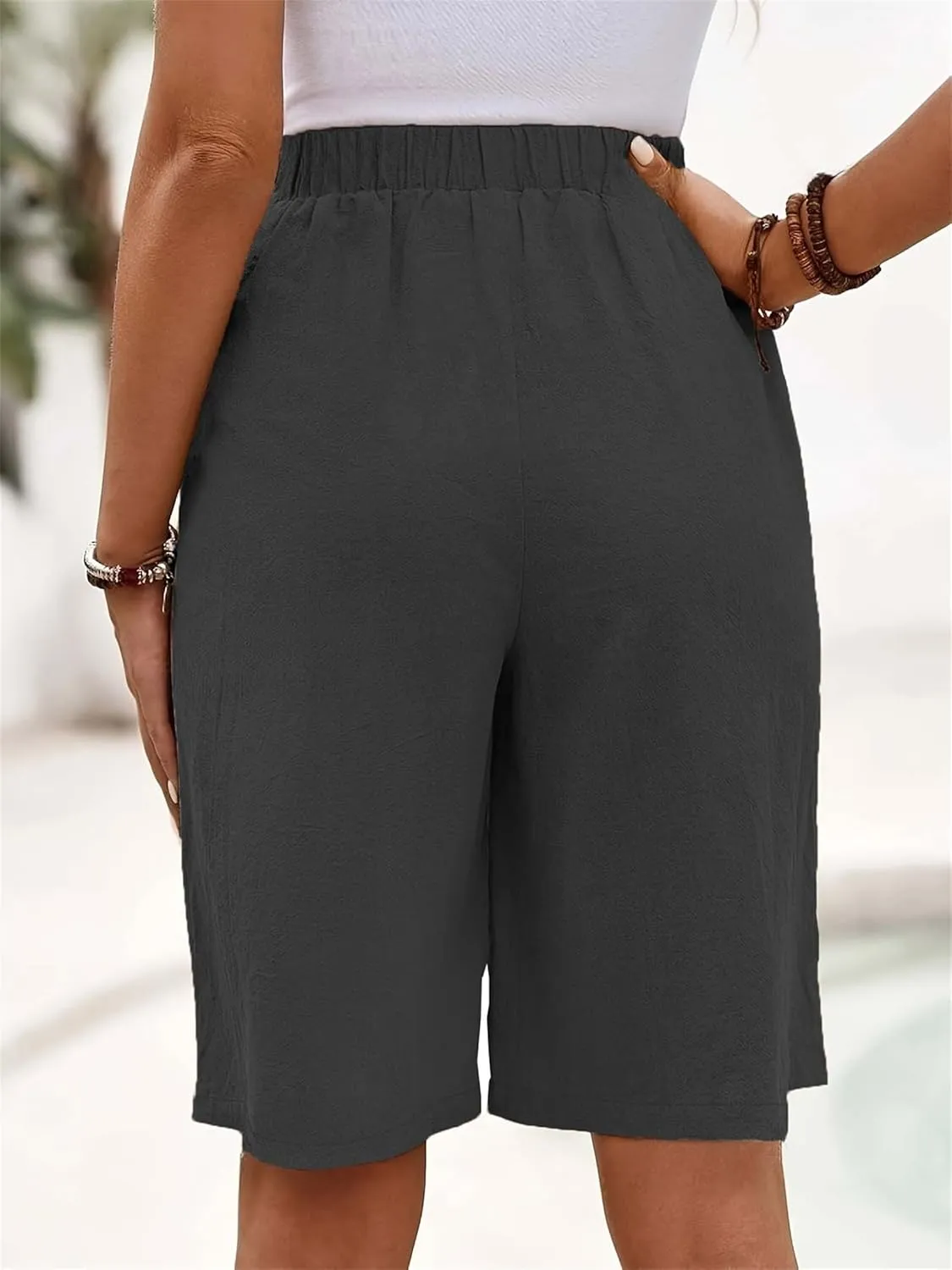 Women's Bermuda Shorts Loose Drawstring Capri Pants Summer Casual Linen Knee Length Elastic Short Pants