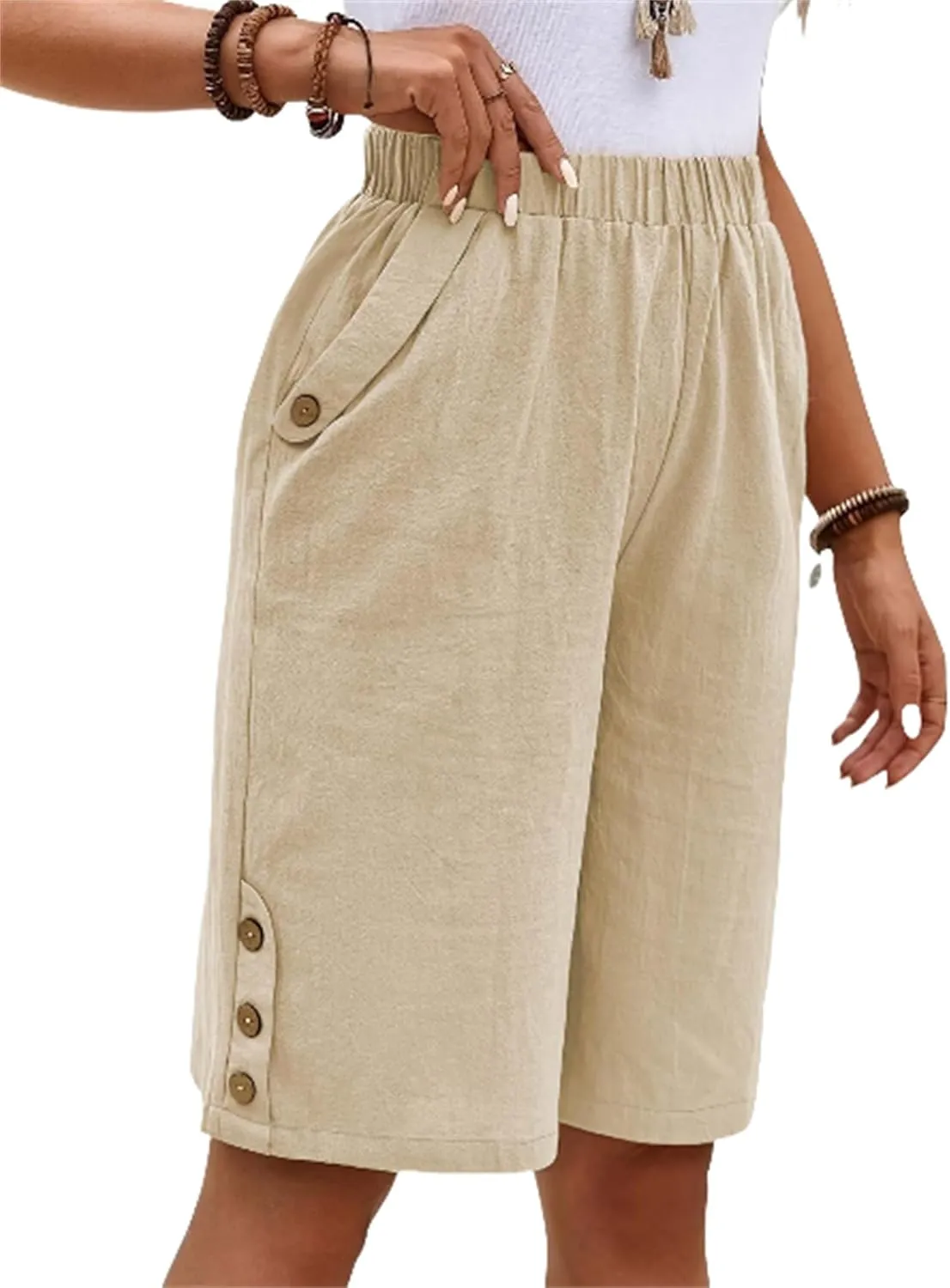 Women's Bermuda Shorts Loose Drawstring Capri Pants Summer Casual Linen Knee Length Elastic Short Pants