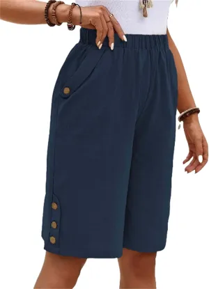 Women's Bermuda Shorts Loose Drawstring Capri Pants Summer Casual Linen Knee Length Elastic Short Pants