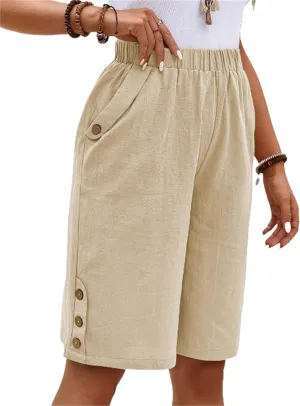 Women's Bermuda Shorts Loose Drawstring Capri Pants Summer Casual Linen Knee Length Elastic Short Pants