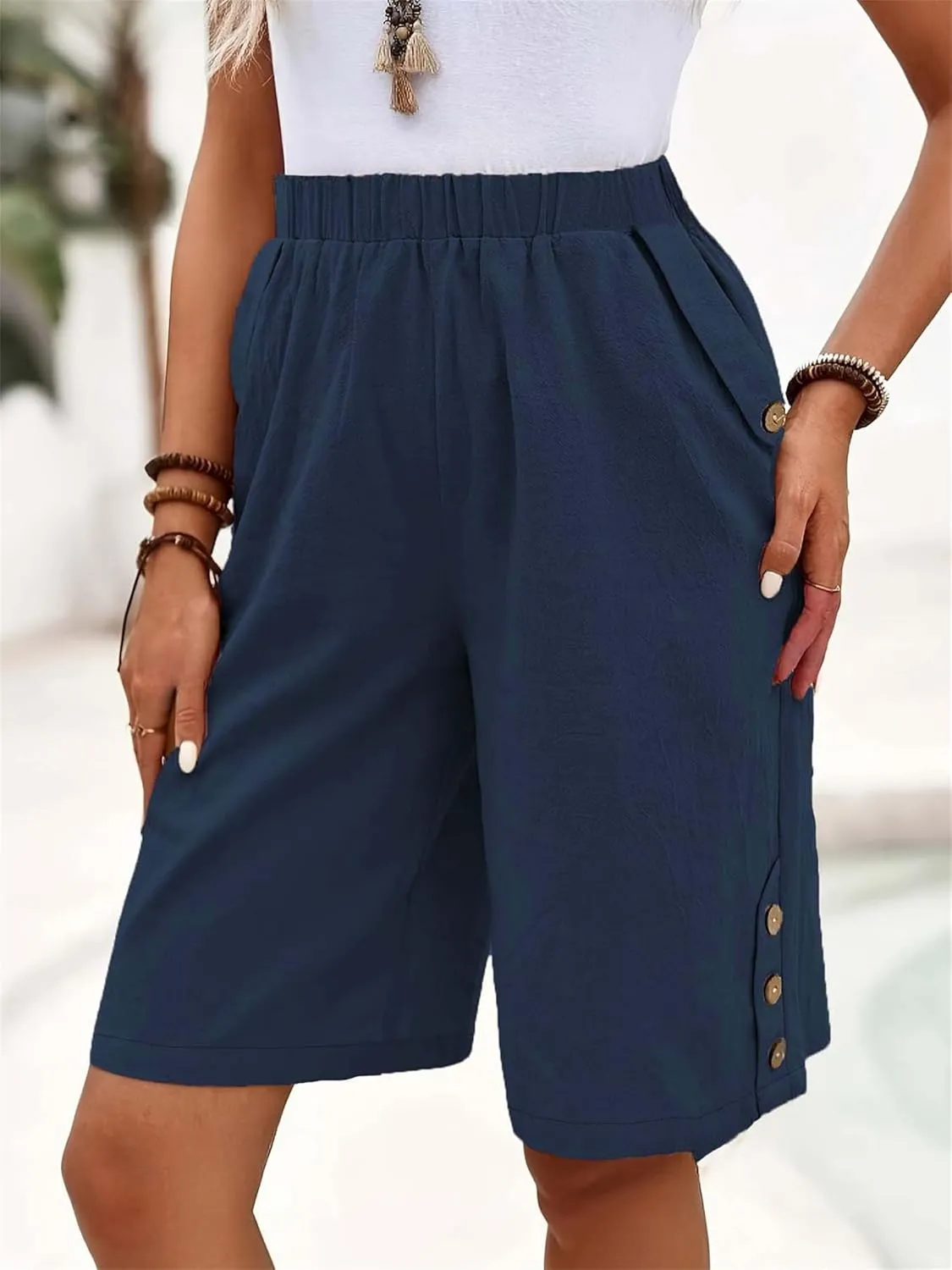 Women's Bermuda Shorts Loose Drawstring Capri Pants Summer Casual Linen Knee Length Elastic Short Pants
