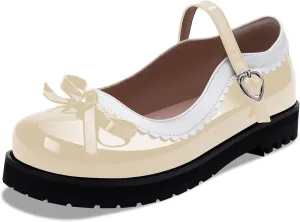 Women's Bow Patent Leather Platform Mary Janes Ankle Strap Closed Toe Kawaii Goth Uniform Flats
