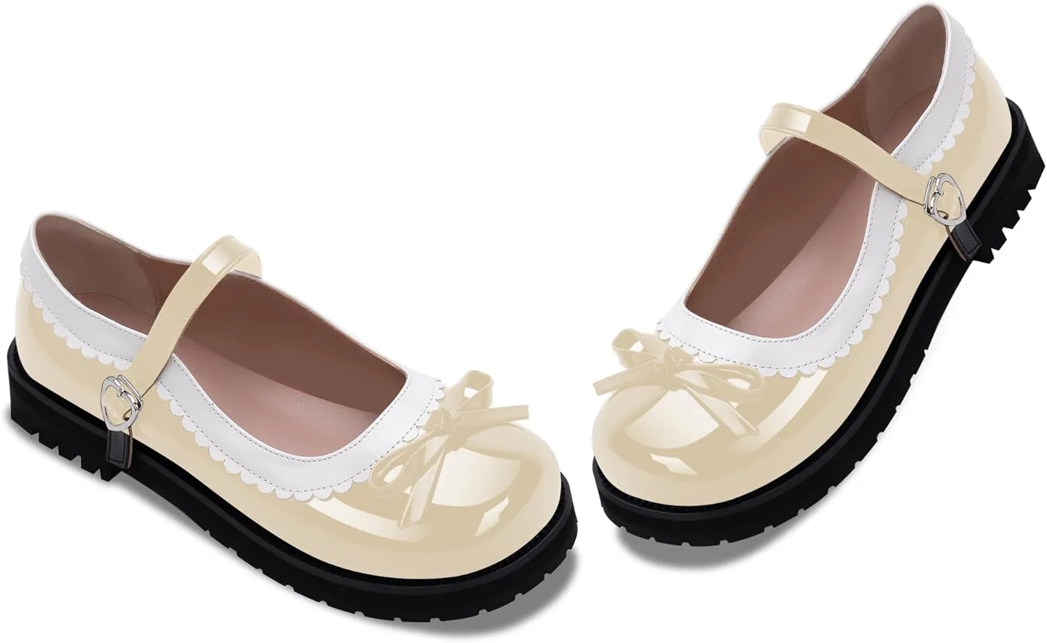 Women's Bow Patent Leather Platform Mary Janes Ankle Strap Closed Toe Kawaii Goth Uniform Flats