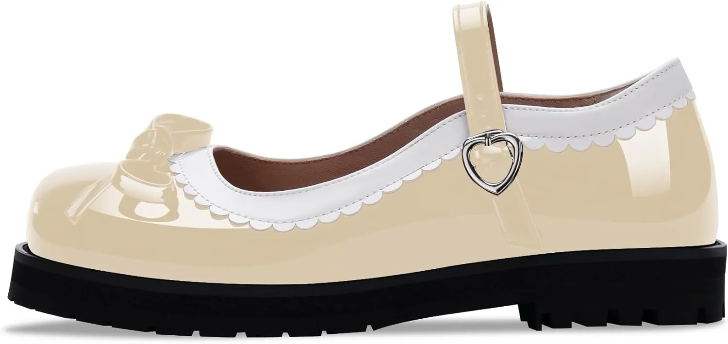 Women's Bow Patent Leather Platform Mary Janes Ankle Strap Closed Toe Kawaii Goth Uniform Flats