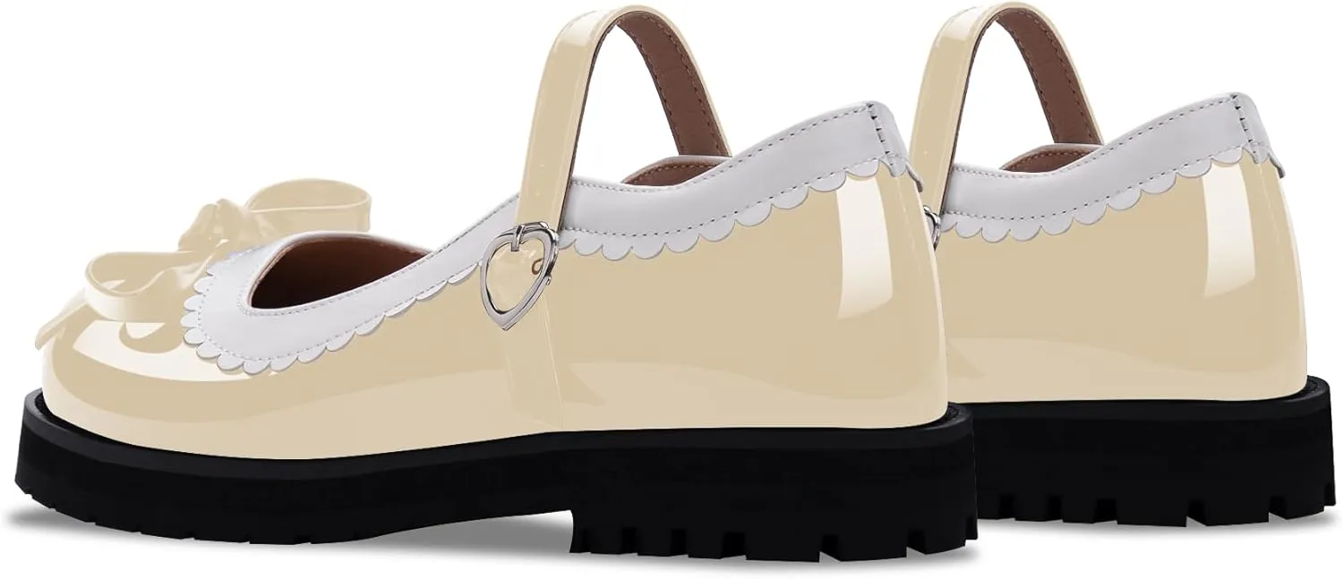 Women's Bow Patent Leather Platform Mary Janes Ankle Strap Closed Toe Kawaii Goth Uniform Flats