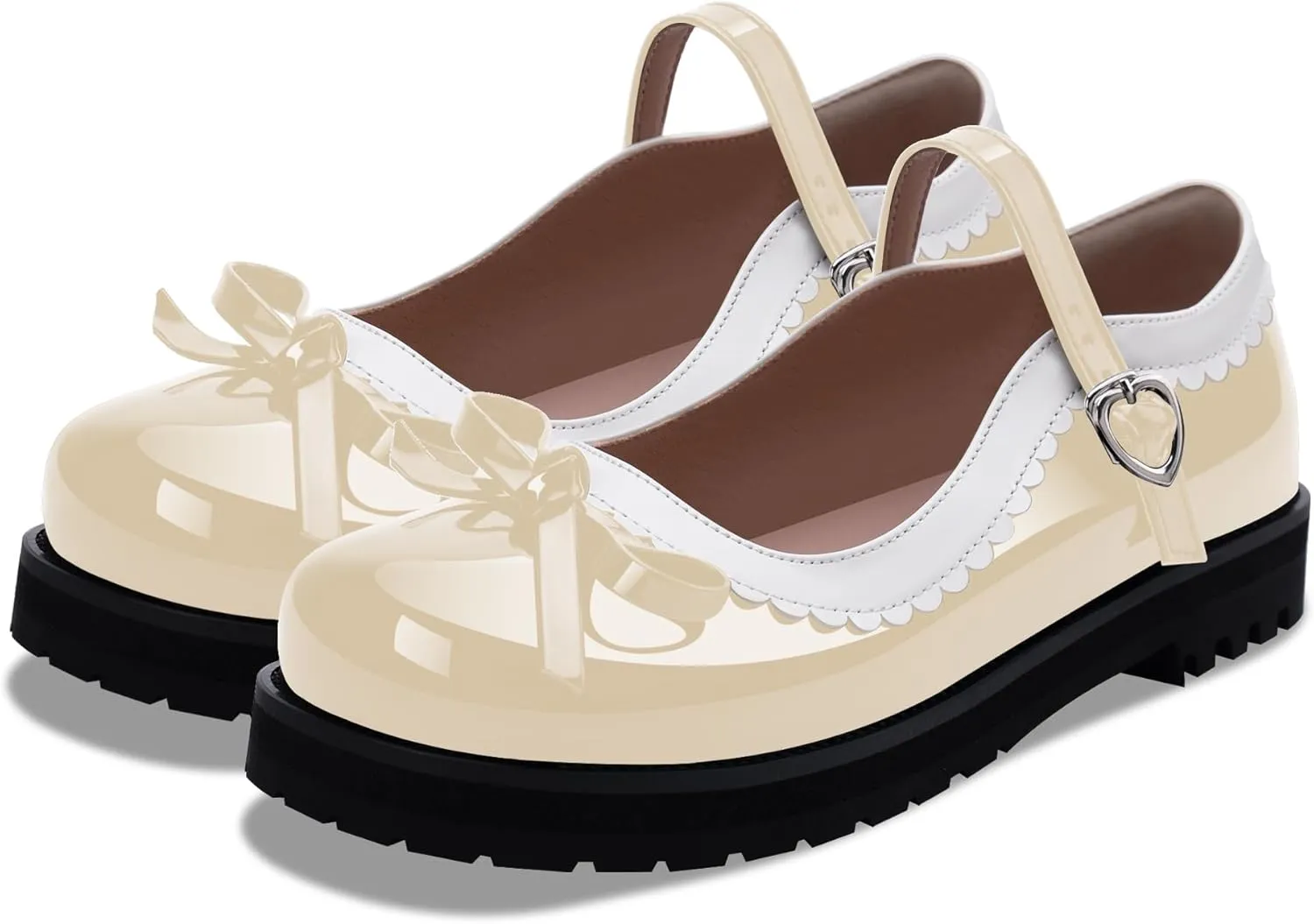 Women's Bow Patent Leather Platform Mary Janes Ankle Strap Closed Toe Kawaii Goth Uniform Flats