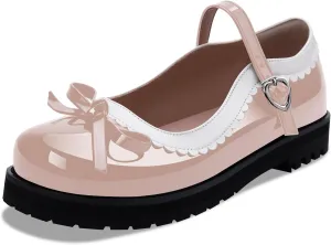 Women's Bow Patent Leather Platform Mary Janes Ankle Strap Closed Toe Kawaii Goth Uniform Flats