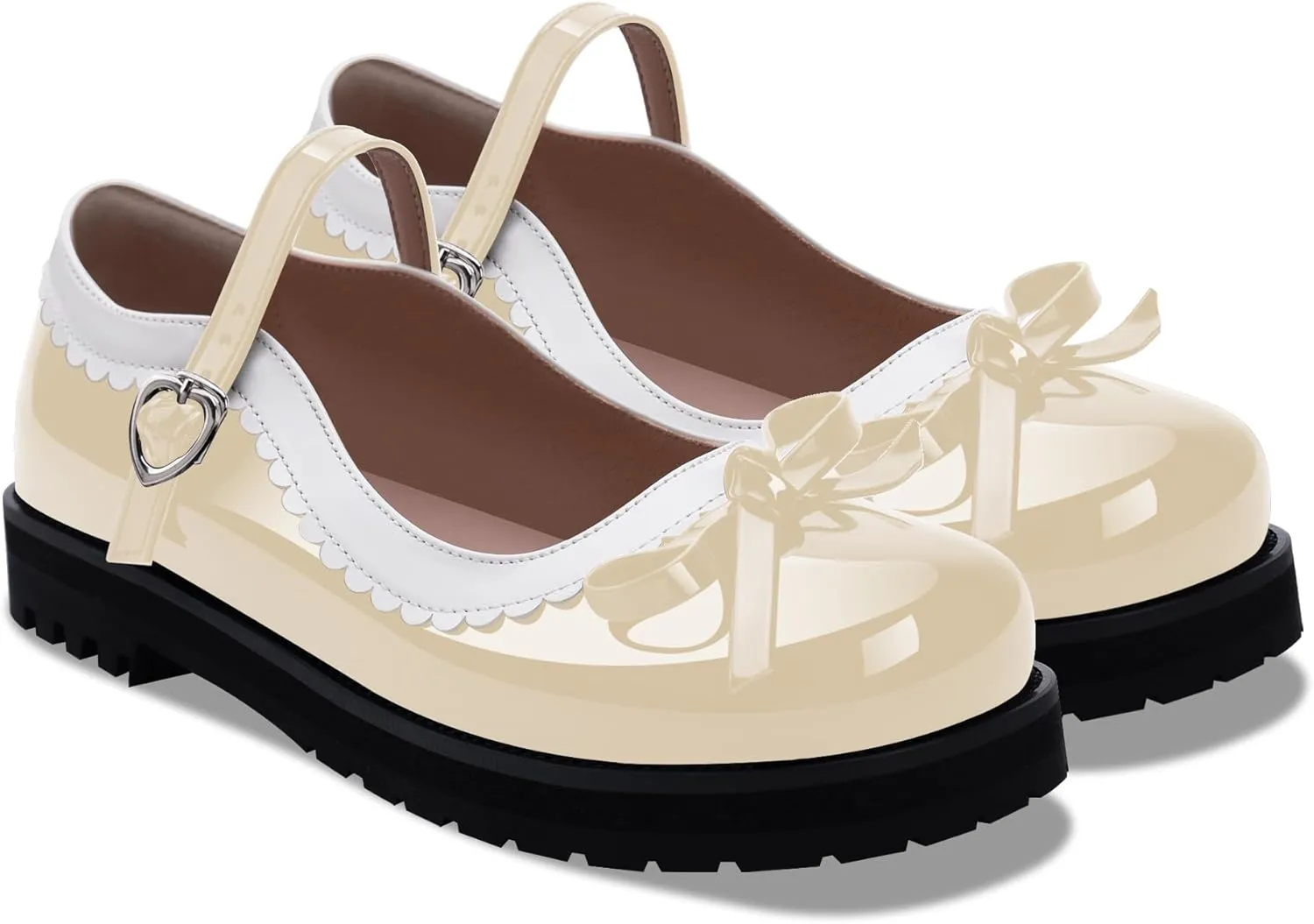 Women's Bow Patent Leather Platform Mary Janes Ankle Strap Closed Toe Kawaii Goth Uniform Flats