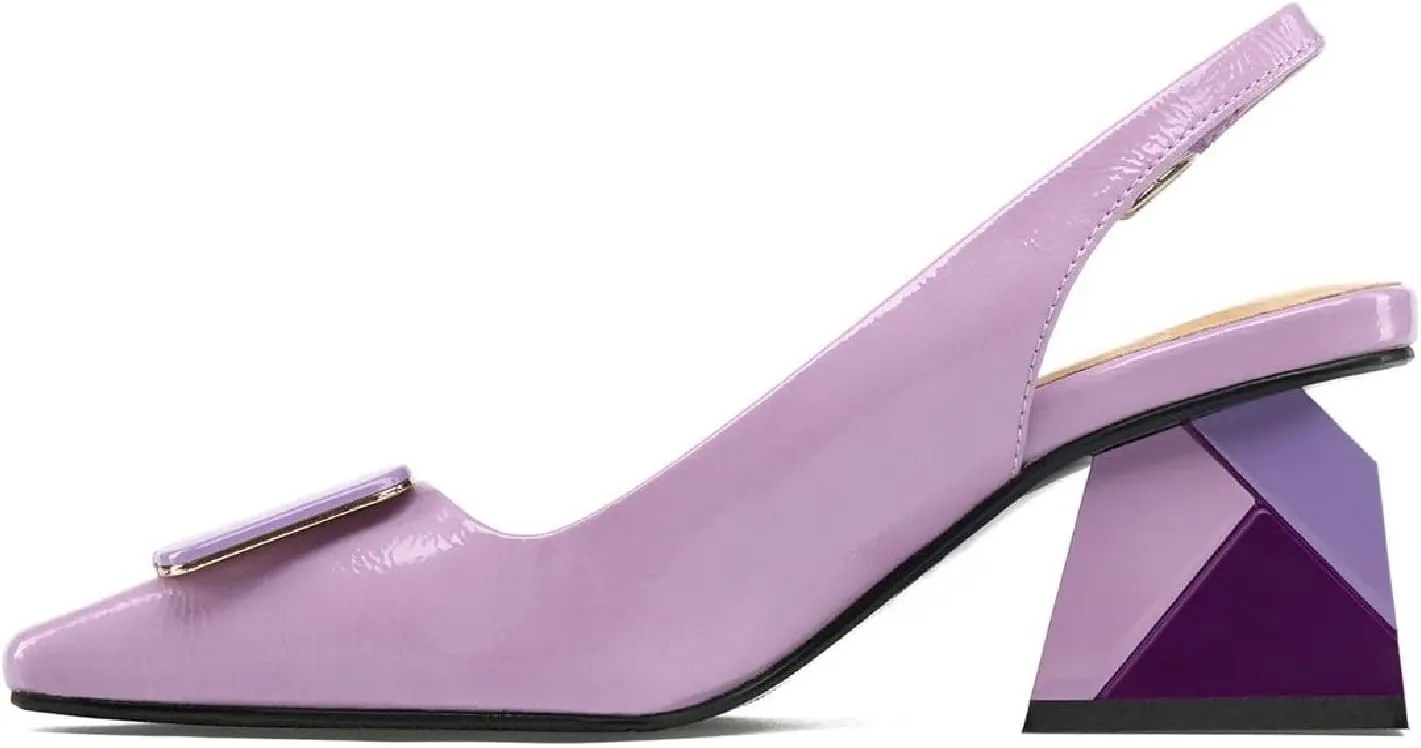 Women's Chic Colorful Splicing Block Heel Square Toe Slingback Shoes with Buckle Fashion Patent Leather Colorful Patchwork Buckle High Chunky Heel Slingback Pumps for Women