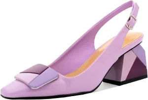 Women's Chic Colorful Splicing Block Heel Square Toe Slingback Shoes with Buckle Fashion Patent Leather Colorful Patchwork Buckle High Chunky Heel Slingback Pumps for Women