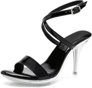 Women's Crystal Heel Sandals Clear Strap Strappy Slingback Heels Round Open Toe Ankle Strap Stiletto High Heels Heeled Sandals Dress Shoes with Adjustable Cross Strap for Women Party Wedding Daily Wear