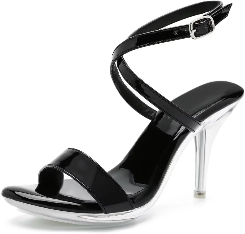 Women's Crystal Heel Sandals Clear Strap Strappy Slingback Heels Round Open Toe Ankle Strap Stiletto High Heels Heeled Sandals Dress Shoes with Adjustable Cross Strap for Women Party Wedding Daily Wear