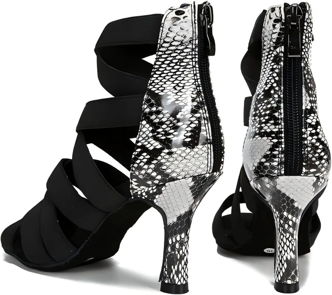 Women's Dance Shoes, Ballroom Dance Shoes for Women, Fashion Snake Print High Heel Sandals Dance Boots, Ballroom Performance Dance Boots Shoes