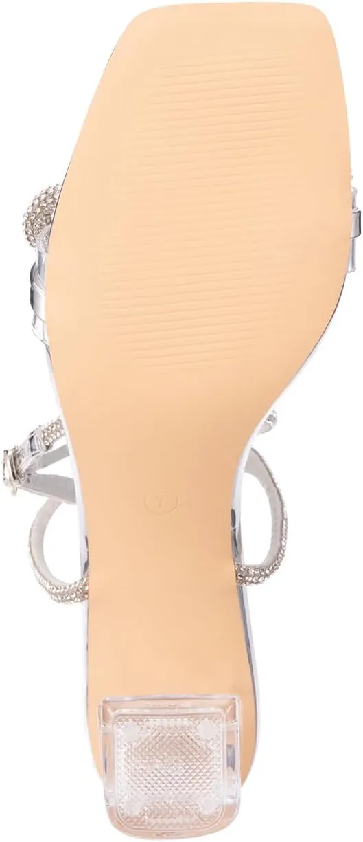 Women's Double Bowknots Crystal Sandals Clear Block Heels Square Toe Shoes