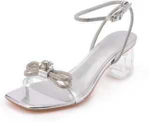 Women's Double Bowknots Crystal Sandals Clear Block Heels Square Toe Shoes