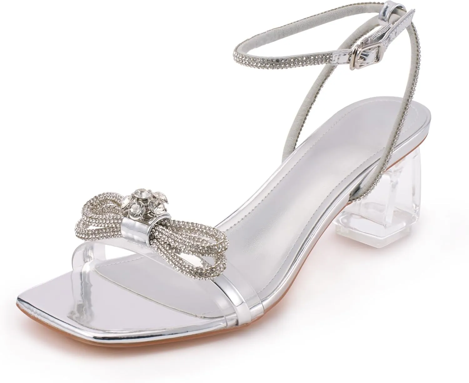 Women's Double Bowknots Crystal Sandals Clear Block Heels Square Toe Shoes