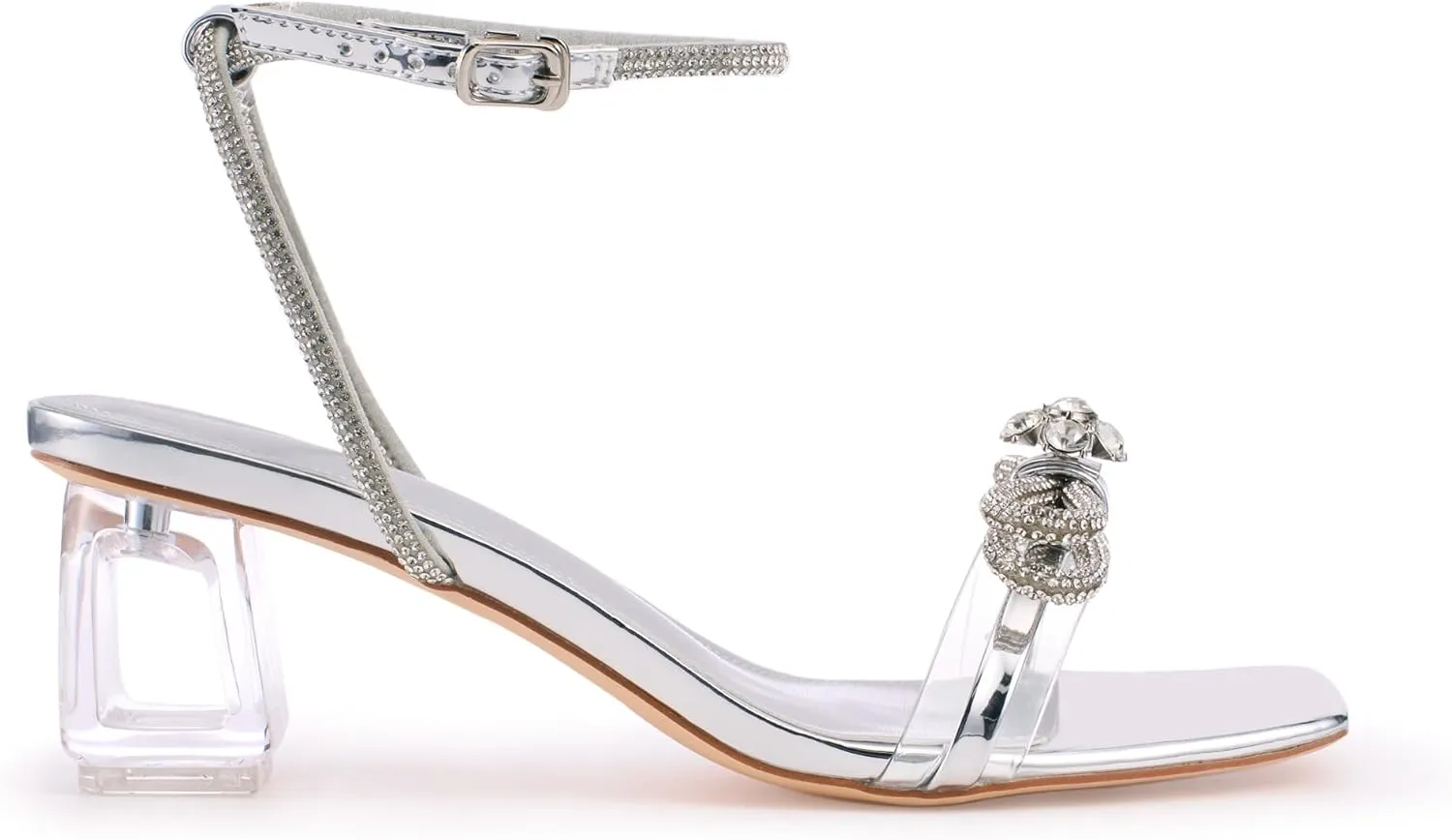 Women's Double Bowknots Crystal Sandals Clear Block Heels Square Toe Shoes