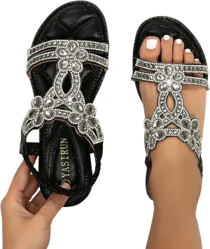 Women's Flat Sandals Dressy Summer, Comfortable Rhinestone Beaded Bohemian Sandals Strappy Ankle Strap Elastic T-Strap Dress Thong Sandals Beach Flip Flops (a-Black, 9)