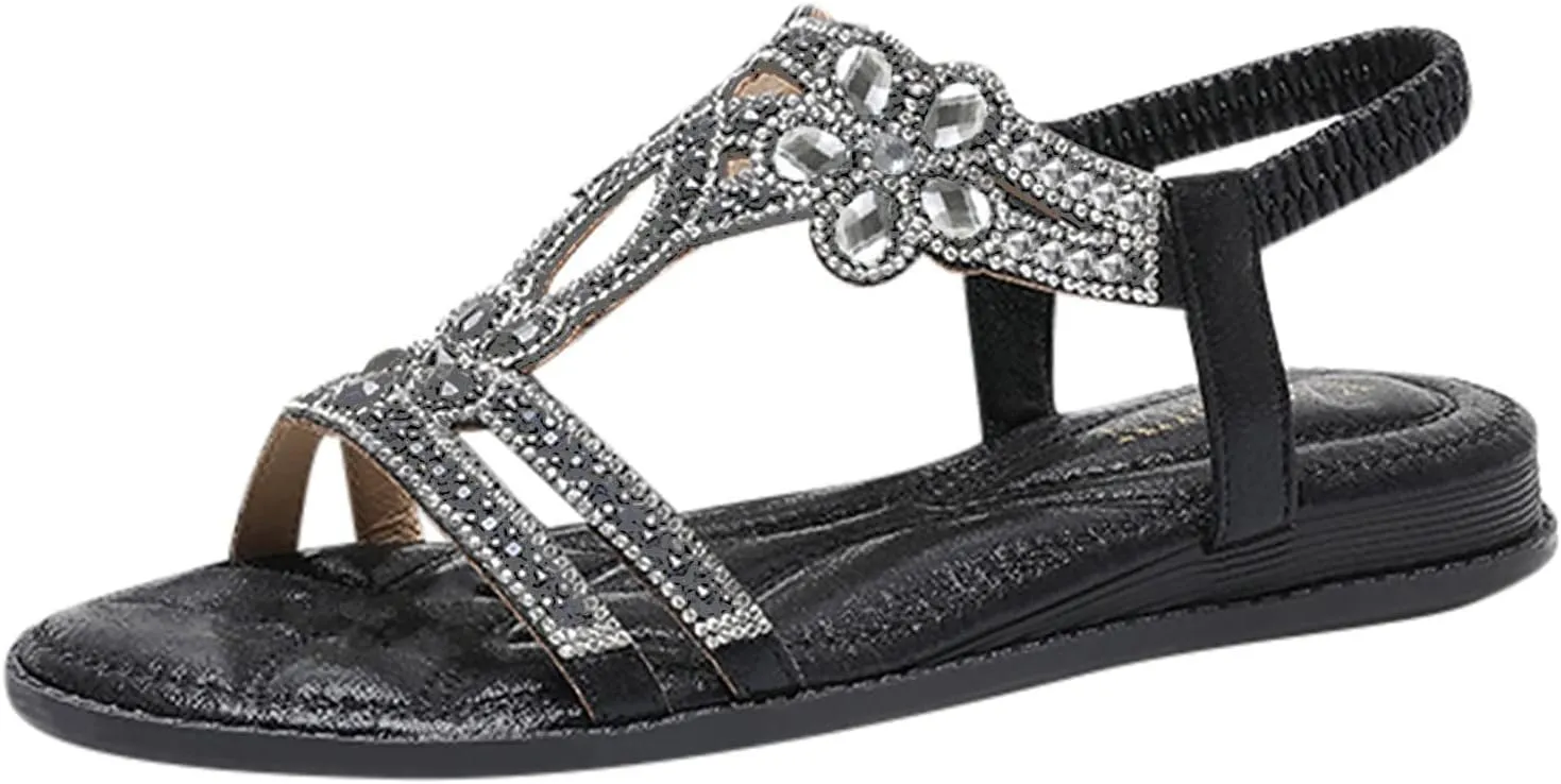 Women's Flat Sandals Dressy Summer, Comfortable Rhinestone Beaded Bohemian Sandals Strappy Ankle Strap Elastic T-Strap Dress Thong Sandals Beach Flip Flops (a-Black, 9)