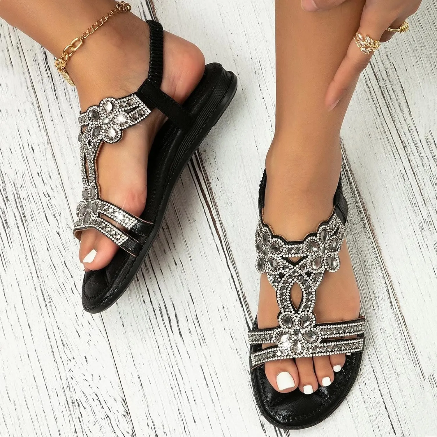 Women's Flat Sandals Dressy Summer, Comfortable Rhinestone Beaded Bohemian Sandals Strappy Ankle Strap Elastic T-Strap Dress Thong Sandals Beach Flip Flops (a-Black, 9)