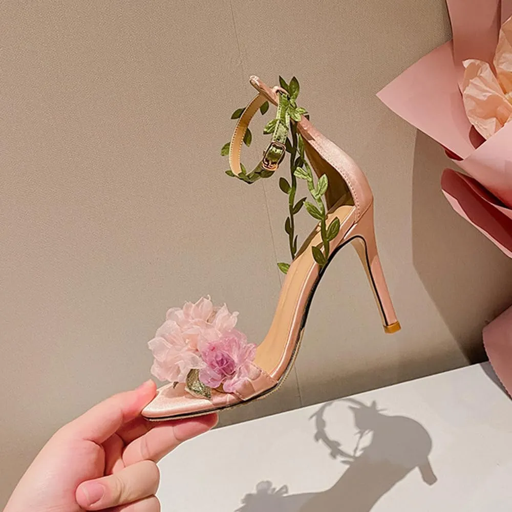 Women's Floral High Heels Pink Flower Sandals for Summer Wedding Garden Party Bridesmaid PromCocktail or Special Occasions