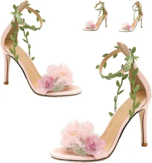 Women's Floral High Heels Pink Flower Sandals for Summer Wedding Garden Party Bridesmaid PromCocktail or Special Occasions