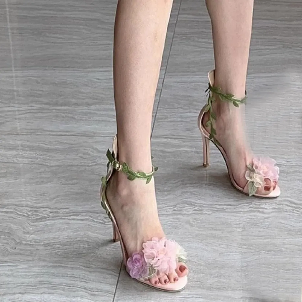 Women's Floral High Heels Pink Flower Sandals for Summer Wedding Garden Party Bridesmaid PromCocktail or Special Occasions