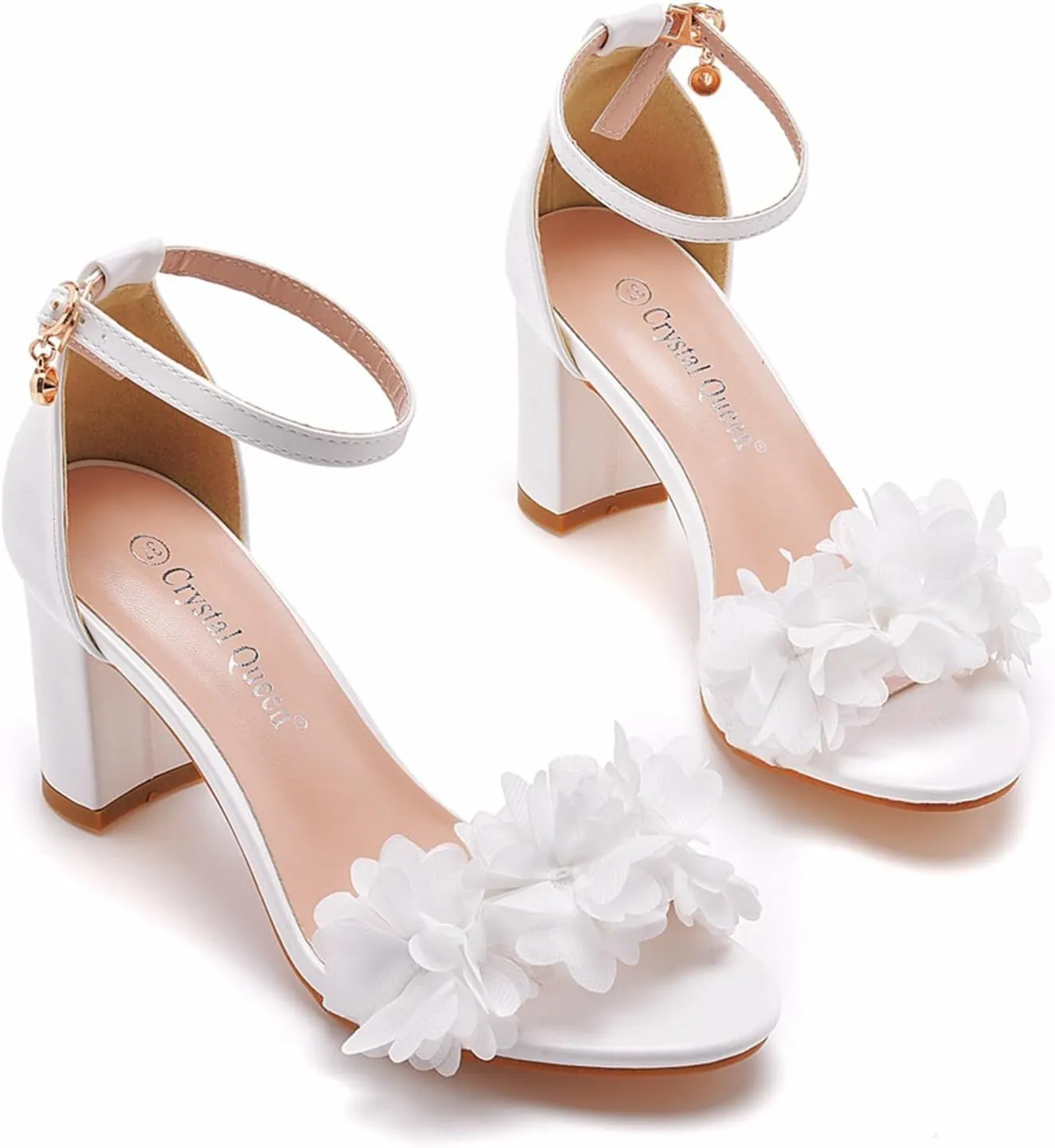 Women's Flower Chunky Sandals Ankle Strap Wedding Dress Pump Shoes 7Cm Bridal Peep Toe High Block Heels Wedding Party Bridal Court Shoes