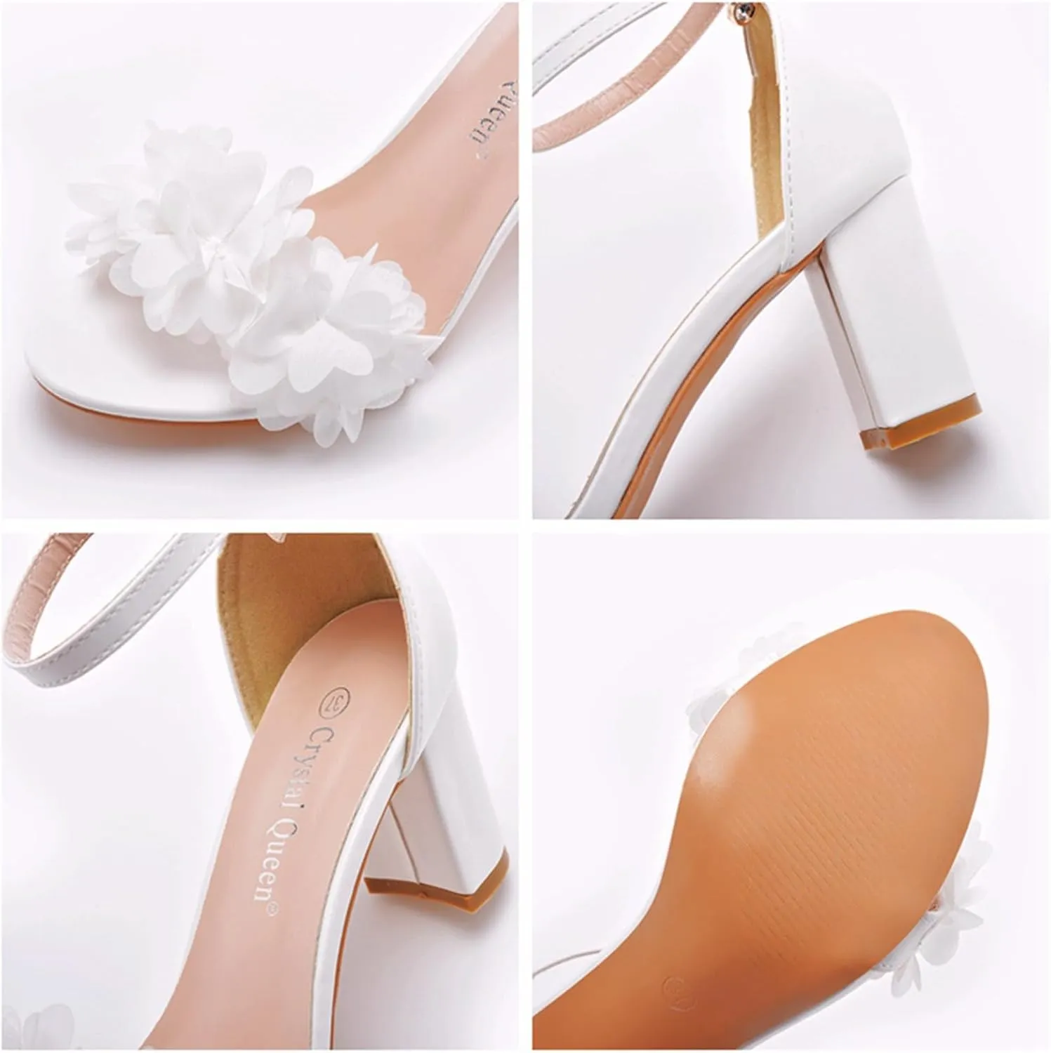 Women's Flower Chunky Sandals Ankle Strap Wedding Dress Pump Shoes 7Cm Bridal Peep Toe High Block Heels Wedding Party Bridal Court Shoes